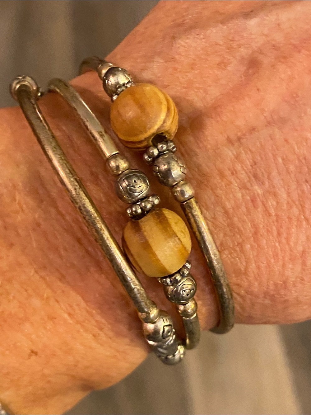 Vintage Mixed Metal Coil Bracelet Wooden Beads Silver Gold Tone